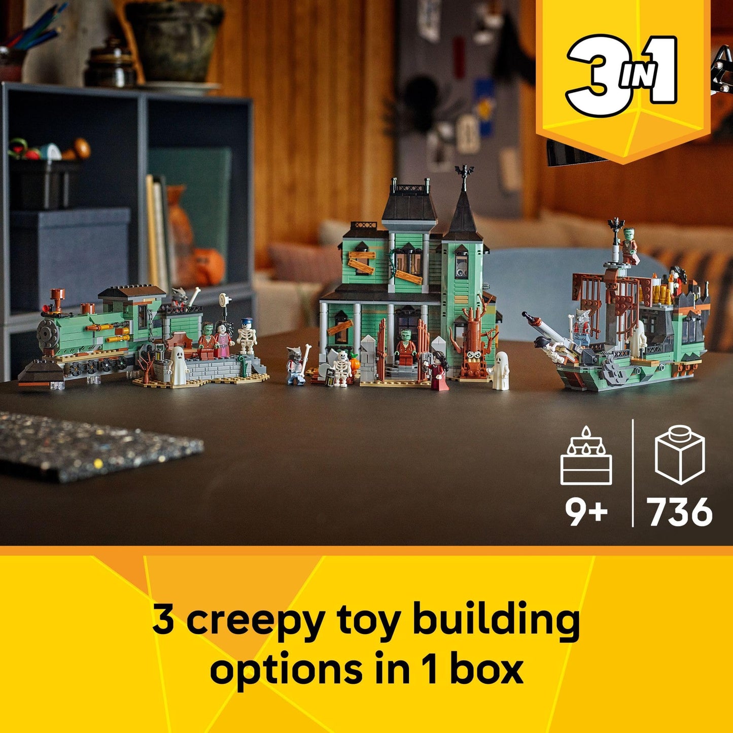 LEGO Creator 3 in 1 Haunted Mansion Building Toy for Kids - Halloween Building Blocks & Learning Toy for Girls & Boys, Ages 9+ - Build a Haunted House, Train, or Ship - Gift for Birthdays - 31167 LEGO