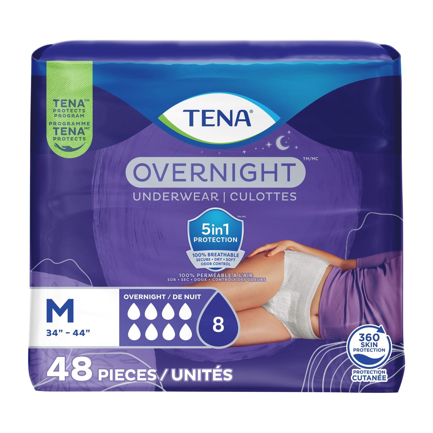 TENA Adult Incontinence, Discrete Disposable, Underwear, Comfortable Fit, Overnight Protection, Unisex, Medium (M), 48 Count