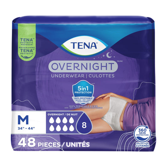 TENA Adult Incontinence, Discrete Disposable, Underwear, Comfortable Fit, Overnight Protection, Unisex, Medium (M), 48 Count