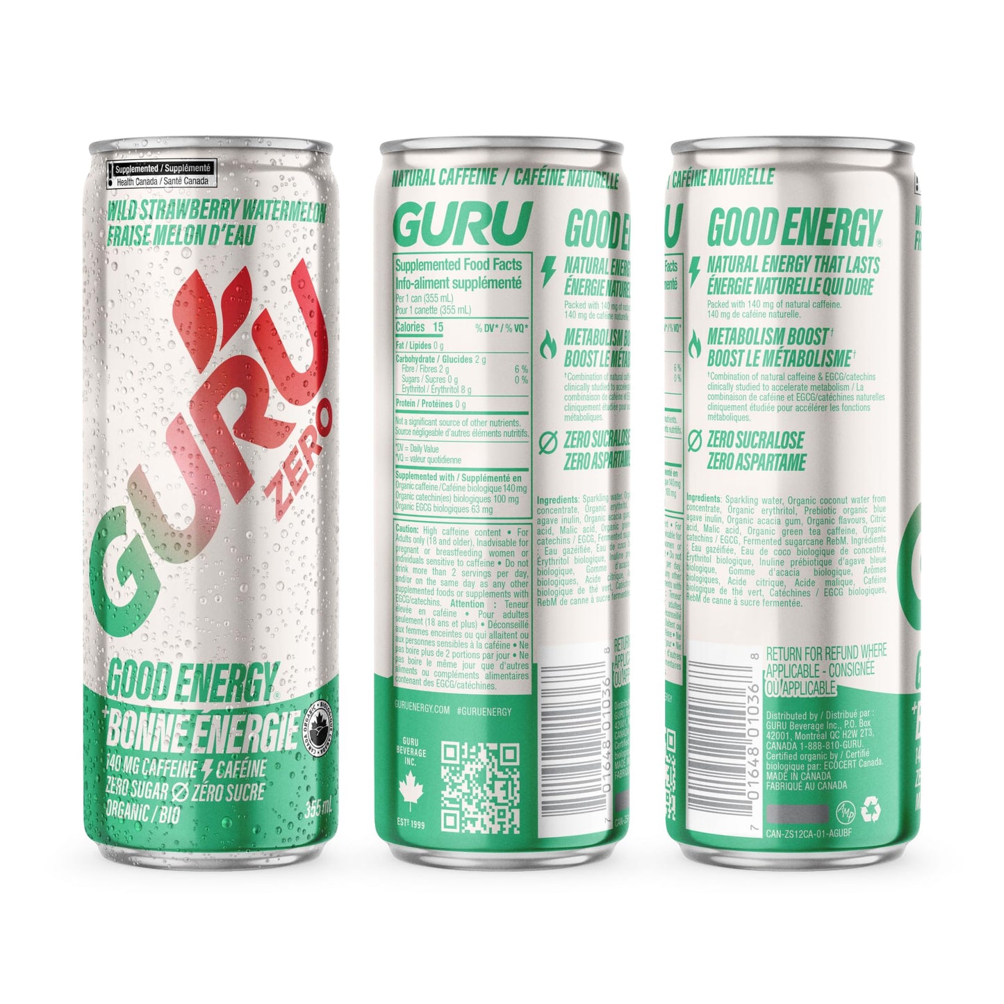 GURU ZERO SUGAR Organic Energy Drink Variety Pack – Plant-Based Caffeine, 140mg per 355mL, 12-Pack