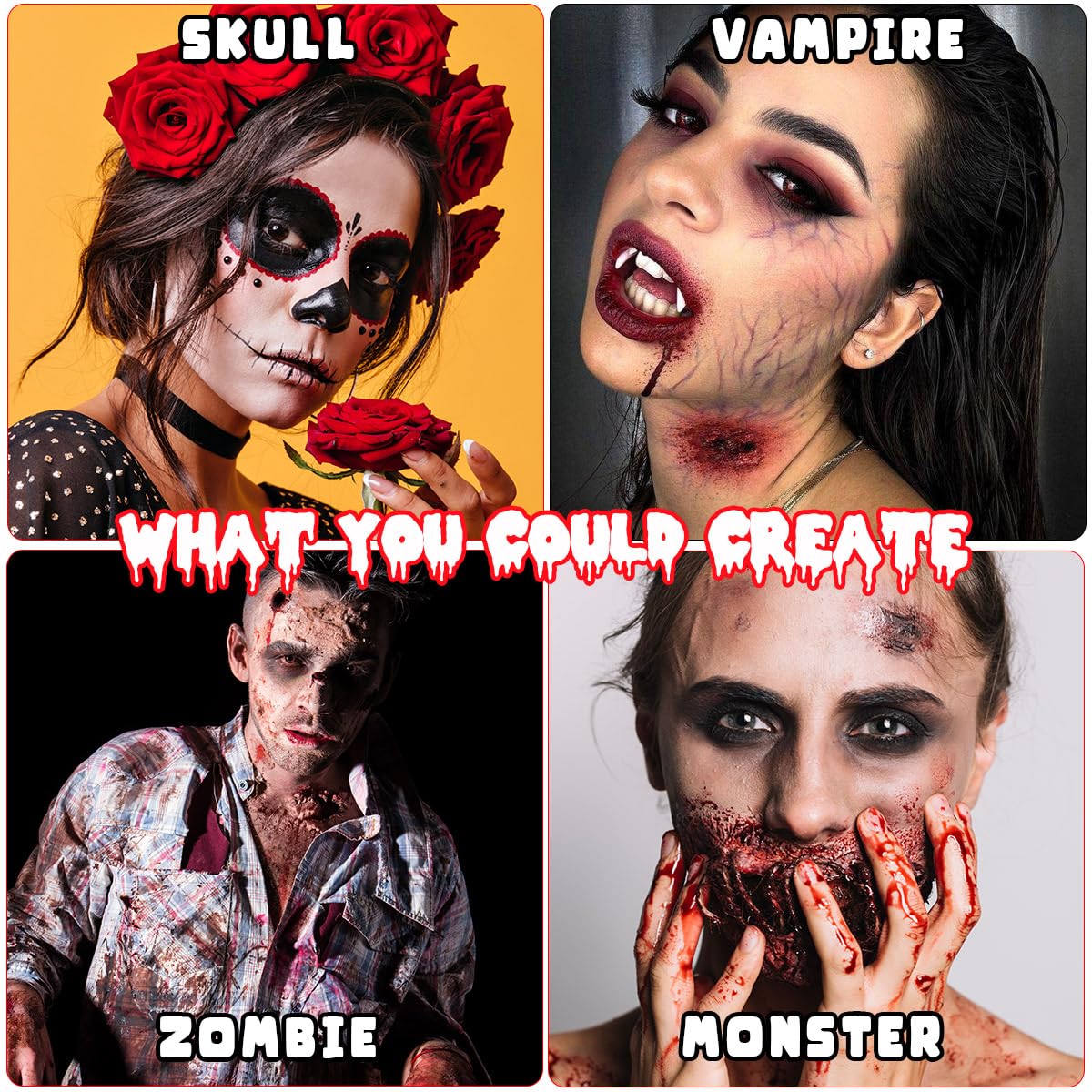 Bowitzki Halloween Makeup Kit Oil Based Face Body Paint Cream Makeup SFX Painting Clear Fake Stage Blood Brush Sponges Painting Special Effects FX Zombie Vampire Monster Scar Wound Christmas Party 🍁 All In One Marketplace Canada