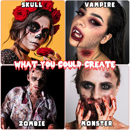 Bowitzki Halloween Makeup Kit Oil Based Face Body Paint Cream Makeup SFX Painting Clear Fake Stage Blood Brush Sponges Painting Special Effects FX Zombie Vampire Monster Scar Wound Christmas Party 🍁 All In One Marketplace Canada