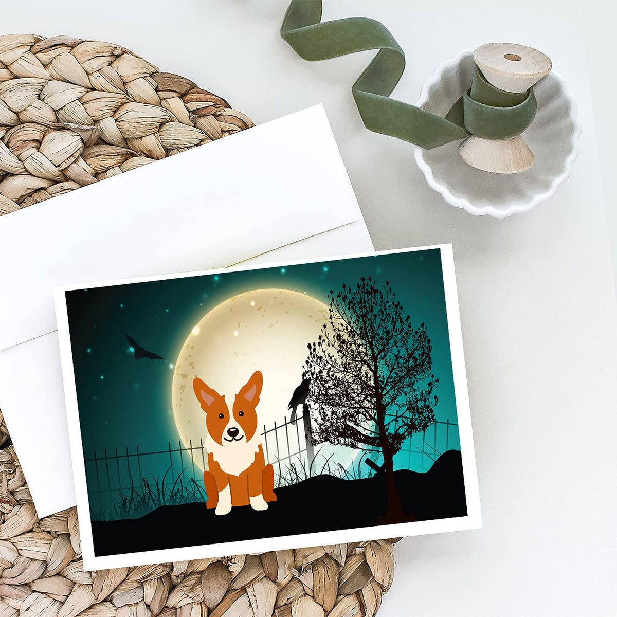 Caroline's Treasures Halloween Scary Corgi Greeting Cards and Envelopes Pack of 8