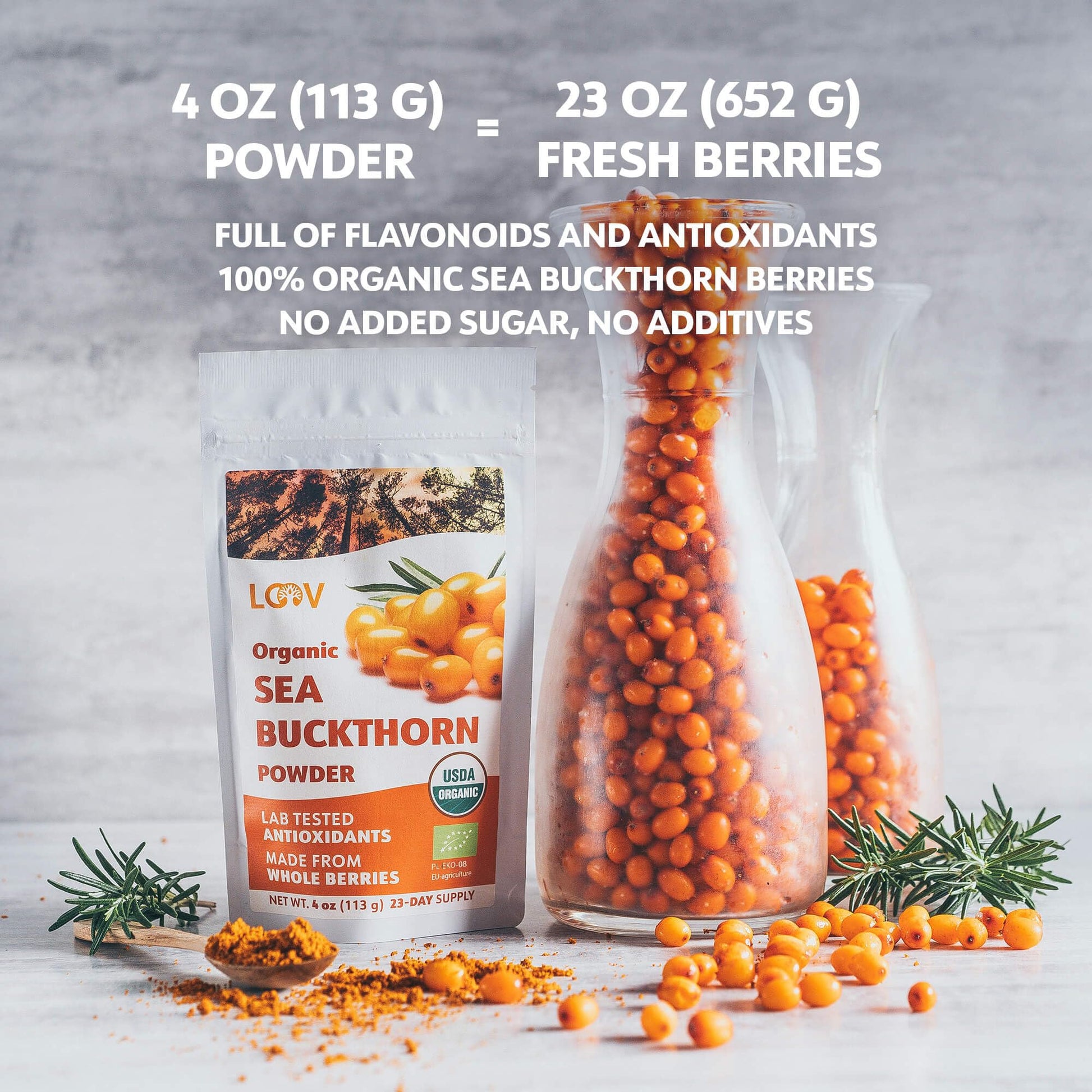 Organic Sea Buckthorn Berry Powder – Nutrient-Dense Whole Berry Blend, 4 Oz, Rich in Omegas & Vitamin C