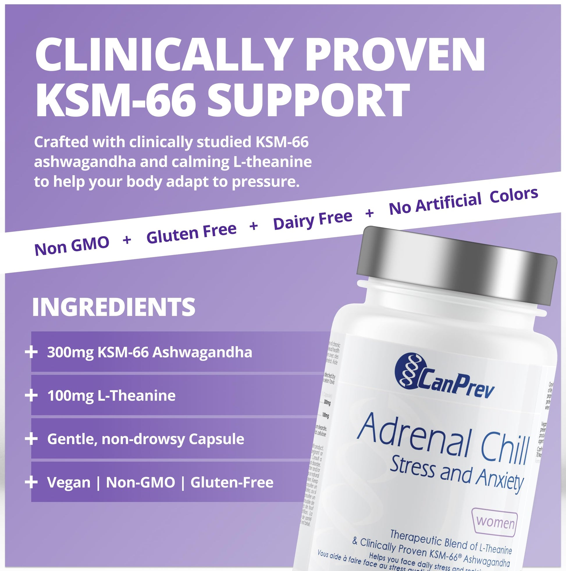 CanPrev Adrenal Chill Women, 90 Veg Capsules, 45-Day Supply with 300mg KSM-66 Ashwagandha & L-Theanine for Calm Focus & Relaxation, Non-GMO, Made in Canada - Available at All In One Marketplace Canada
