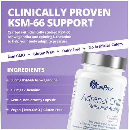 CanPrev Adrenal Chill Women, 90 Veg Capsules, 45-Day Supply with 300mg KSM-66 Ashwagandha & L-Theanine for Calm Focus & Relaxation, Non-GMO, Made in Canada - Available at All In One Marketplace Canada