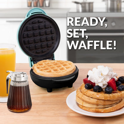 Nostalgia MyMini Personal Electric Waffle Maker, 5-Inch Cooking Surface, Waffle Iron for Hash Browns, French Toast, Grilled Cheese, Quesadilla, Brownies, Cookies, Aqua Nostalgia