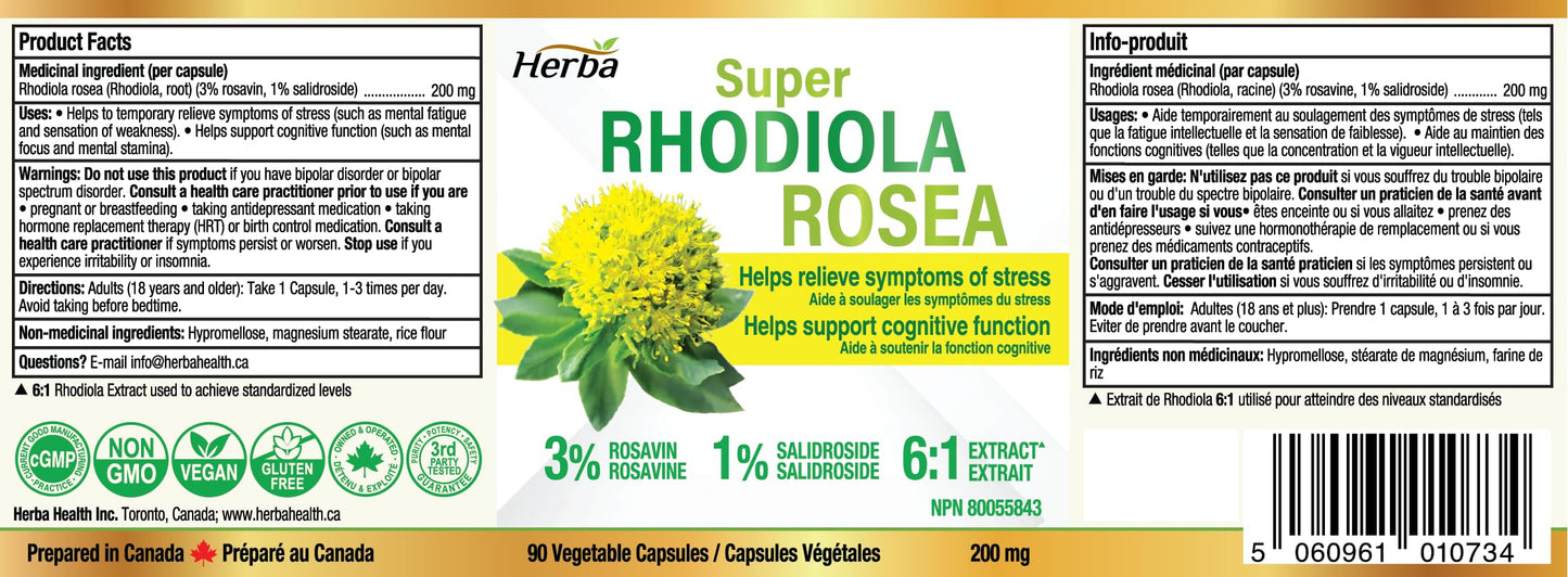 Herba Rhodiola Rosea Supplement 200mg - 90 Capsules | 6:1 Extract | Rhodiola Supplement with Min 3% Rosavins and 1% Salidrosides | Help Relieve Symptoms of Stress | Made in Canada - Available at All In One Marketplace Canada