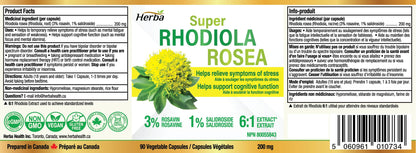 Herba Rhodiola Rosea Supplement 200mg - 90 Capsules | 6:1 Extract | Rhodiola Supplement with Min 3% Rosavins and 1% Salidrosides | Help Relieve Symptoms of Stress | Made in Canada - Available at All In One Marketplace Canada