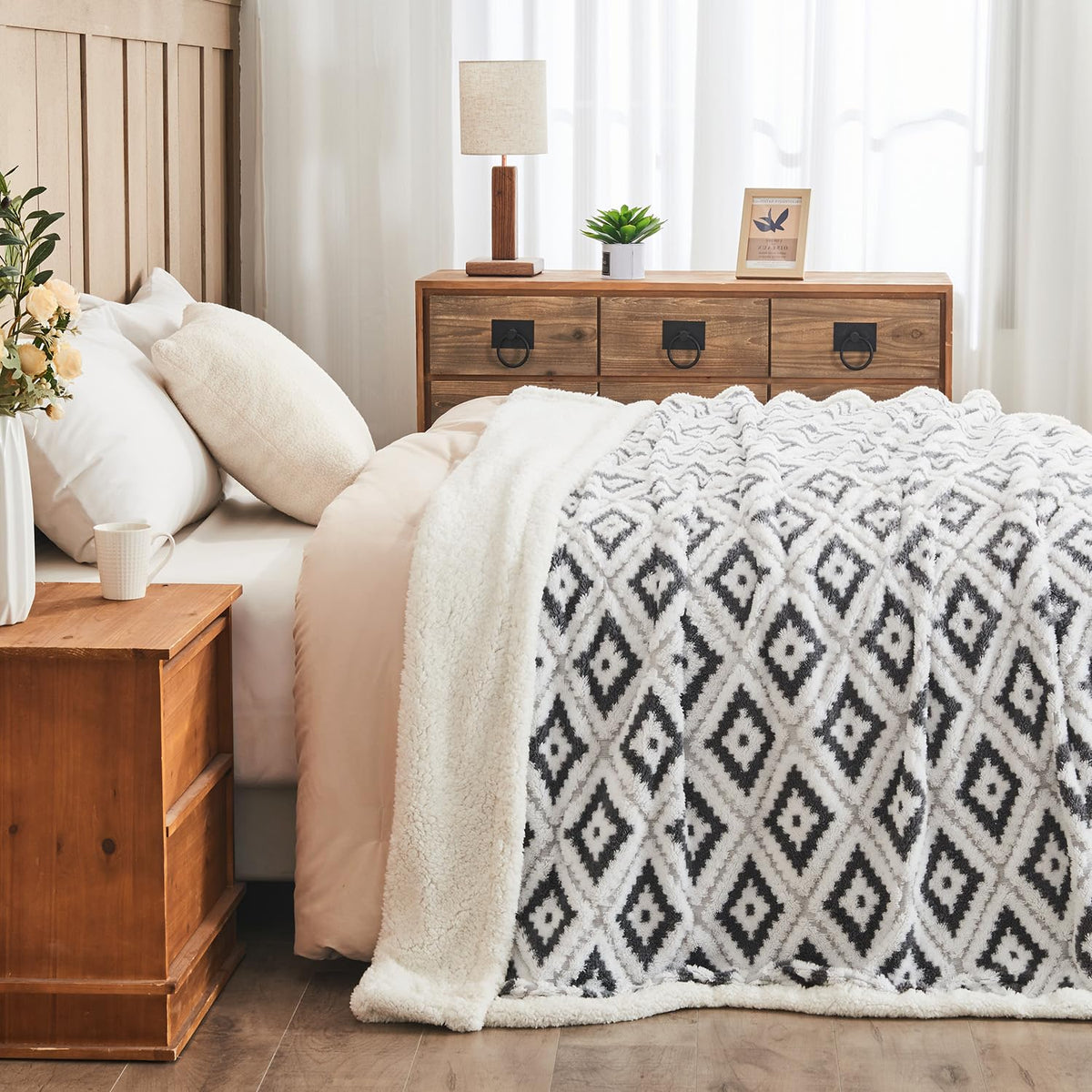 Lotus Karen Sherpa Throw Blankets for Couch Thick and Warm Blanket for Winter Soft Fuzzy Cozy Fluffy Blanket for Sofa Diamond Jacquard Grey 50"x60" 🍁 All In One Marketplace Canada