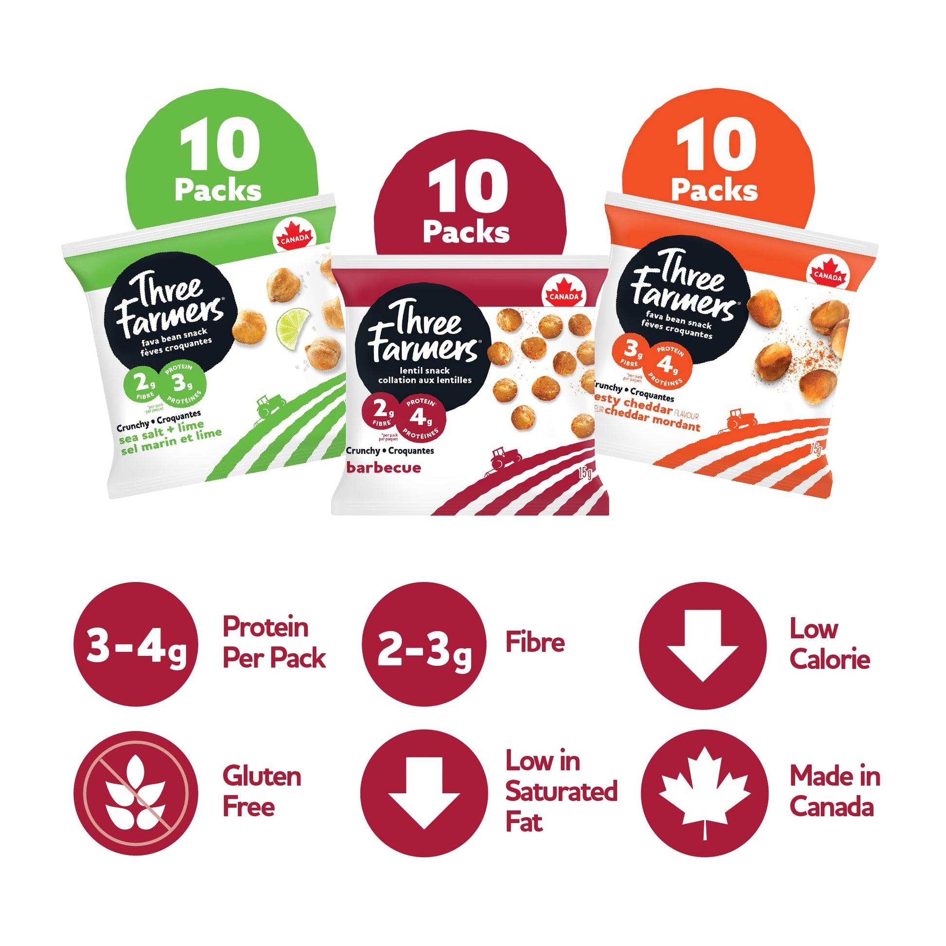 Three Farmers Variety Snack Pack - Roasted Protein Snacks, 30 Count - Gluten-Free, High Fiber, Low Calorie