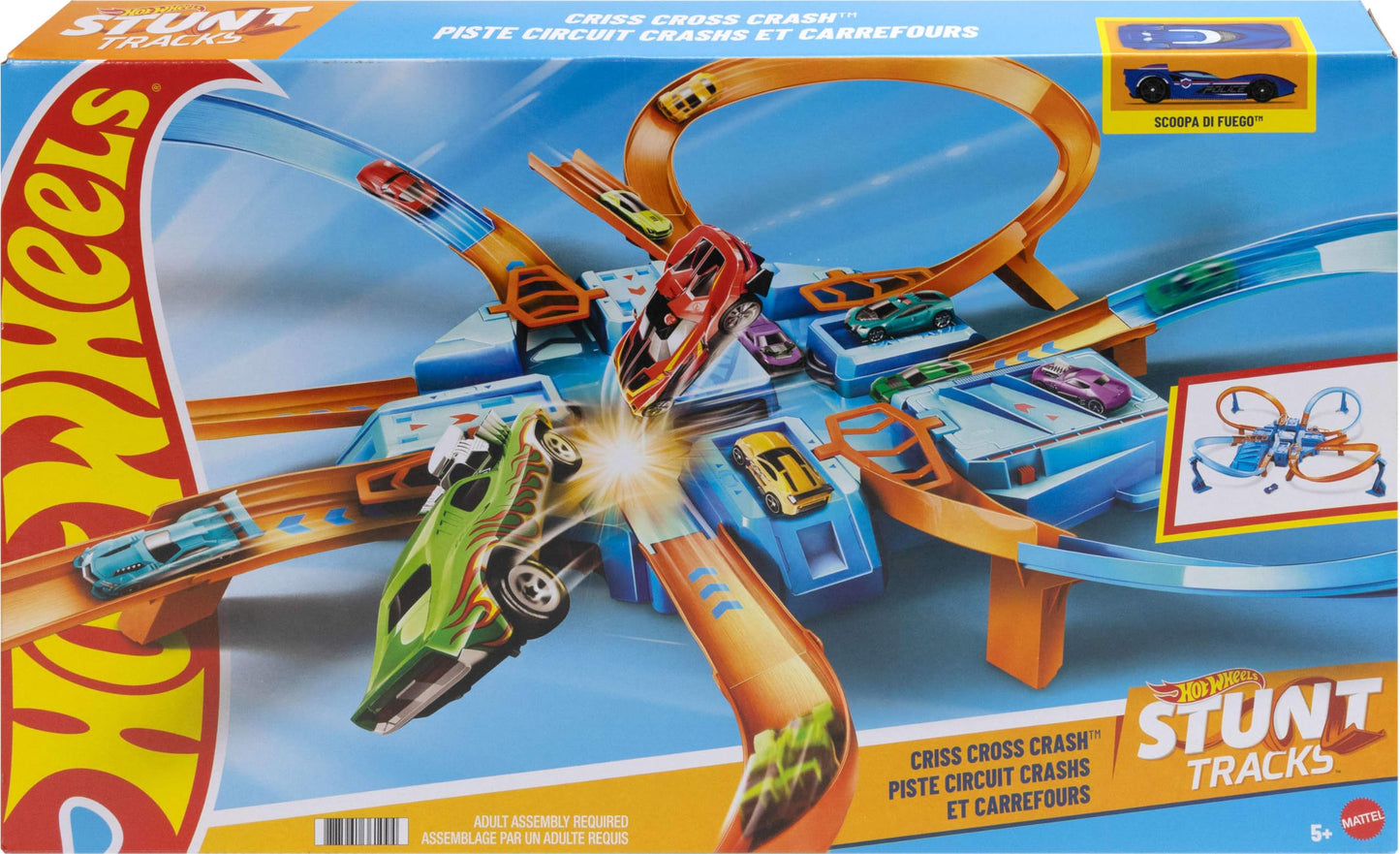 Hot Wheels Track Set with 1:64 Scale Toy Car, 4 Intersections for Crashing, Powered by a Motorized Booster, Criss-Cross Crash Track Hot Wheels