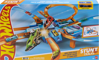 Hot Wheels Track Set with 1:64 Scale Toy Car, 4 Intersections for Crashing, Powered by a Motorized Booster, Criss-Cross Crash Track Hot Wheels