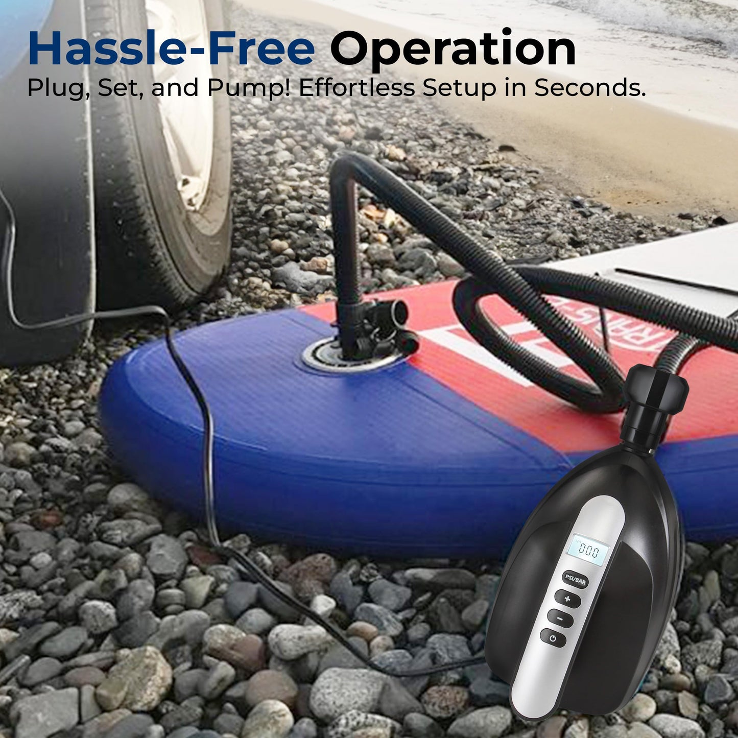SereneLife Electric SUP Air Pump 16 PSI, Portable Paddle Board Air Compressor with Digital LCD Display, 12V DC Car Connector, Multiple Nozzle Adapters for SUPs, Boats & Inflatables SereneLife