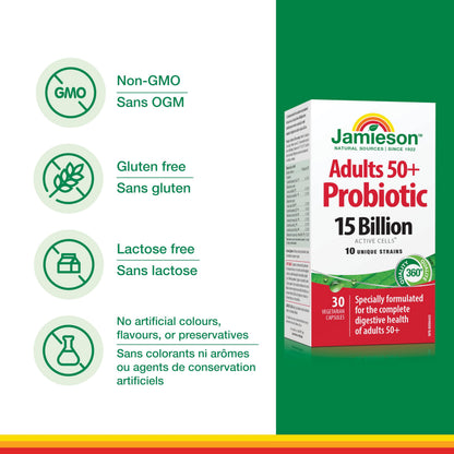 Jamieson Adult 50+ Probiotic 15 Billion Active Cells, Bifidobacterium Boost, Supports Digestive Health and Intestinal Health. 10 Unique Strains, Including Lactobacillus and Bifidobacterium, Non-GMO, Gluten-Free, 30 Vegetarian capsules
