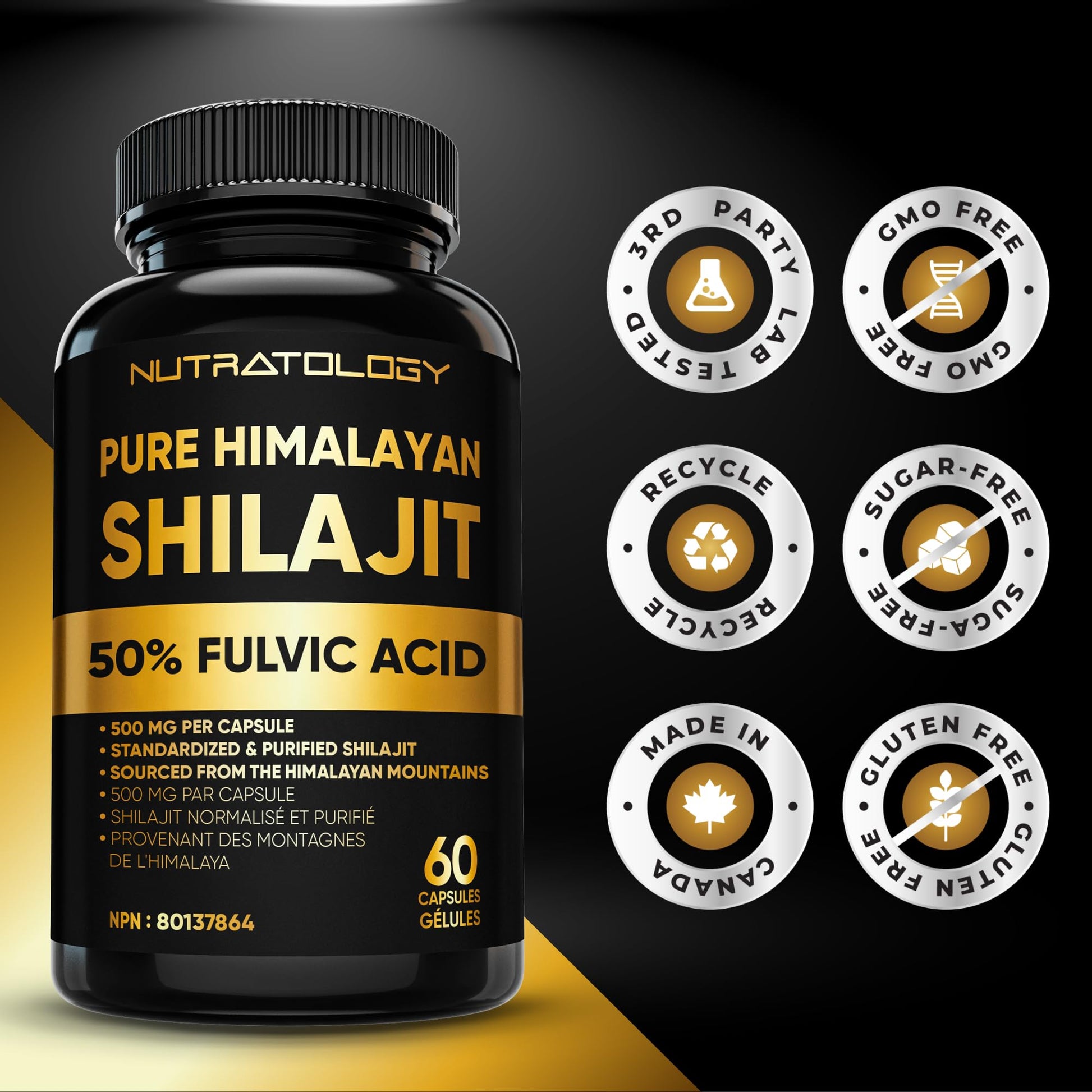 Nutratology® Pure Shilajit Capsules | 50% Fulvic Acid | High Potency & Purity - Sourced from the Himalayan Mountains - Shilajit for Men & Women - 60 Count - Available at All In One Marketplace Canada