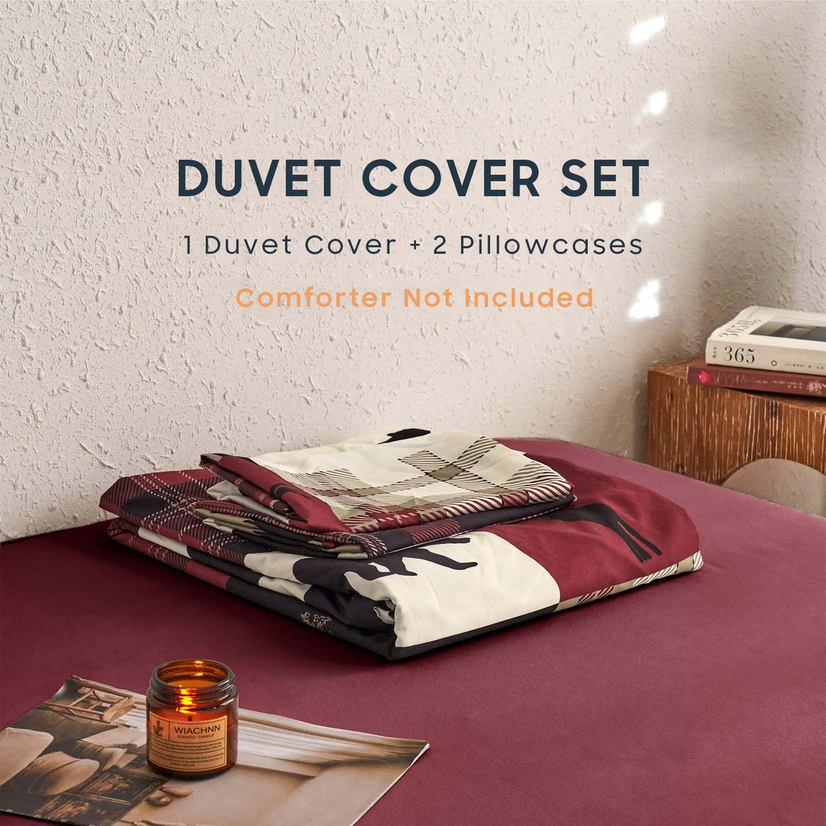 Wake In Cloud - Rustic Duvet Cover Set, Camping Christmas Farmhouse Western Patchwork Plaid Holiday Lodge Cabin RV Outdoor Wildlife Theme Bedding, 3-Piece, Burgundy Black, Queen Size 🍁 All In One Marketplace Canada