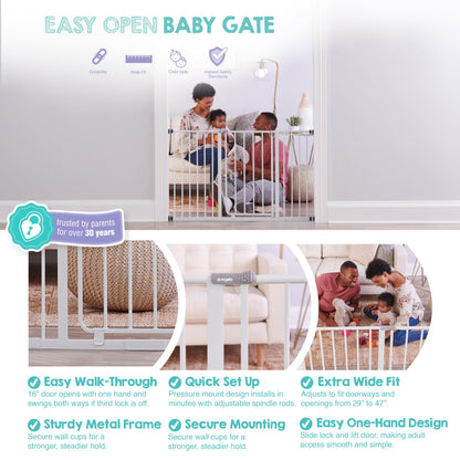 Regalo Easy Open 47-Inch Super Wide Walk Thru Baby Gate, Bonus Kit, Includes 4-Inch and 12-Inch Extension Kit, 4 Pack Pressure Mount Kit and 4 Wall Cups and Mounting Kit, White, 11 Count (Pack of 1)