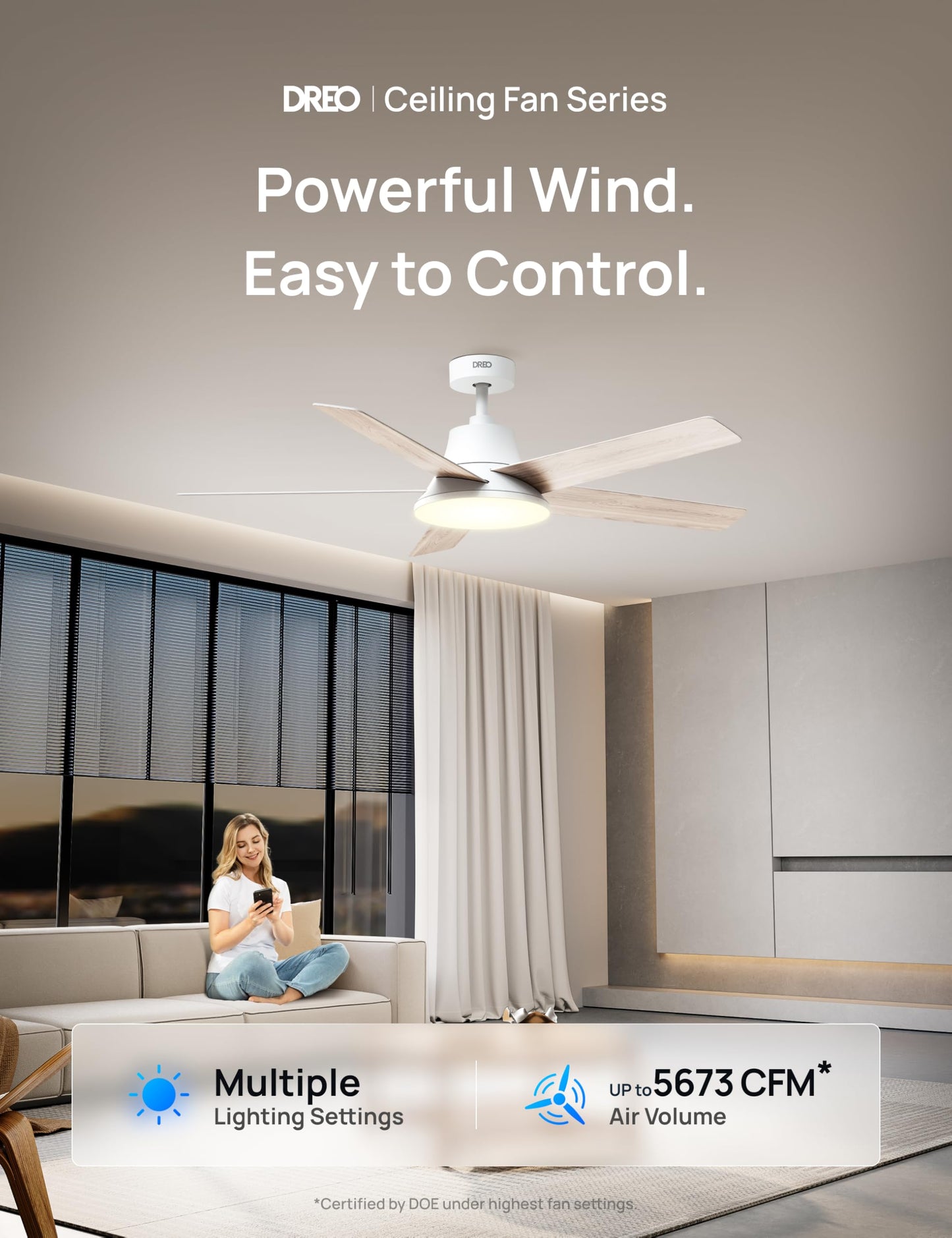 DREO Smart Ceiling Fan with Lights, 52 Inch, 12 Speeds & 3 Fan Modes, Stepless Color Tones, Dimmable LED Light, 12H Timer, Quiet DC Motor, Remote/APP/Alexa Control, White Ceiling Fans Indoor DREO