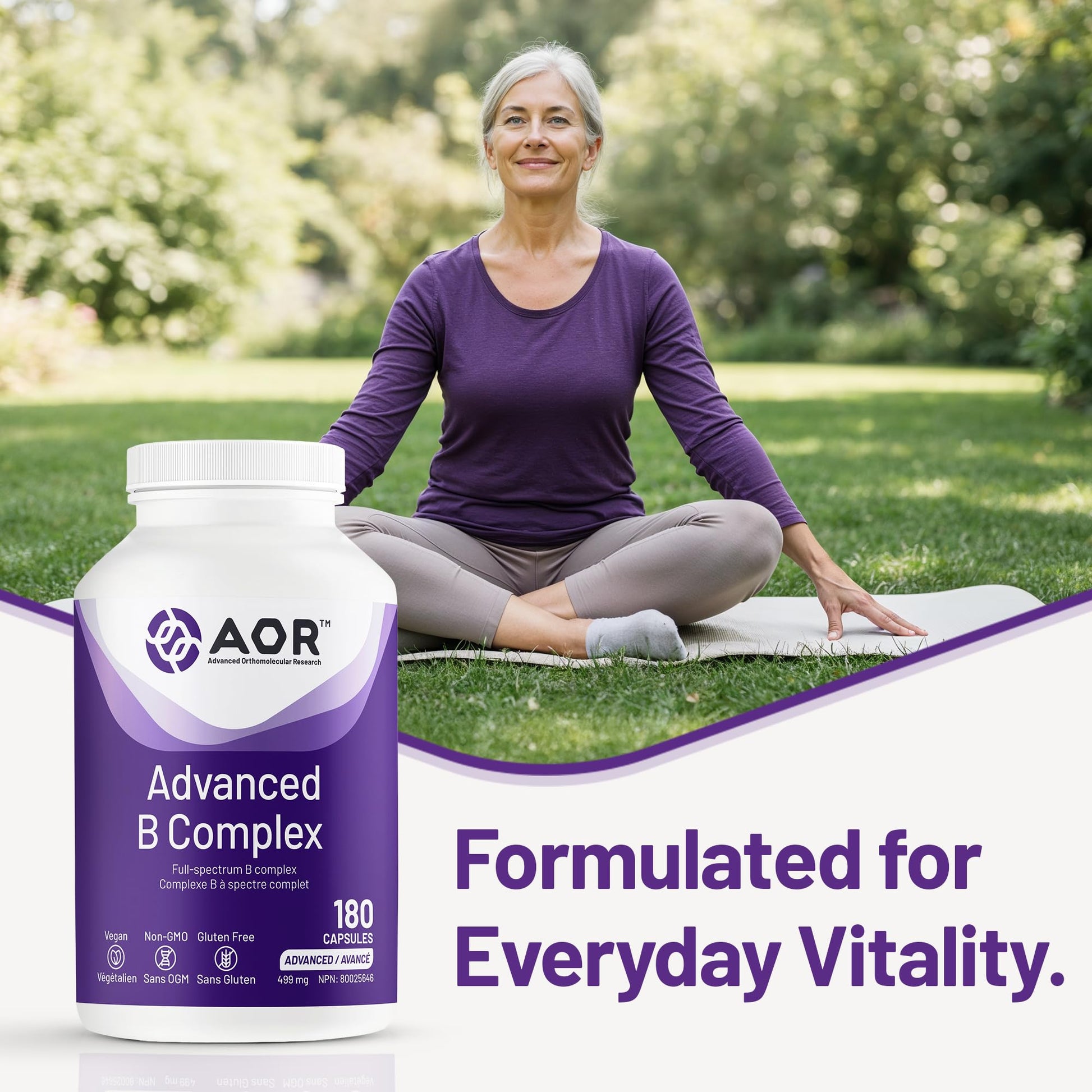 AOR Advanced B Complex Capsules, 180 Count 180-Day Supply - Full-Spectrum B Vitamin Blend with B1, B2, B3, B5, B6, B12, Inositol, Folic Acid & Biotin - Vegan, Non-GMO & Gluten-Free - Promotes Energy