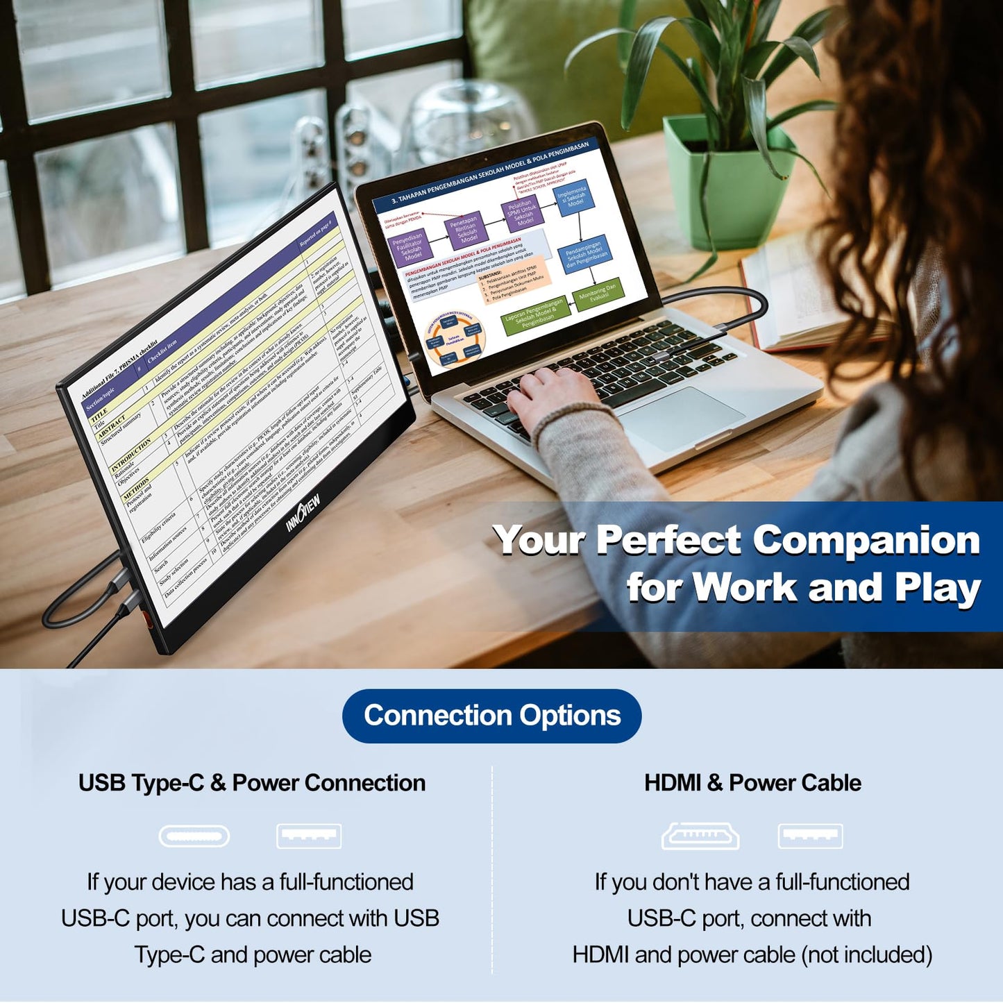 InnoView Portable Monitor 15.6" 1080P Portable Monitor for Laptop with Protective Sleeve Built-in 90° Adjustable Stand USB C HDMI Ultra-Slim Laptop Screen Extender for MacBook Phone PS Xbox Switch