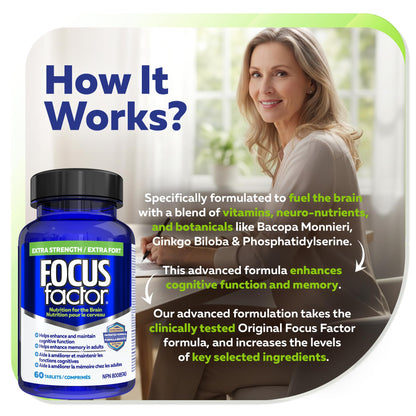 Focus Factor Extra Strength, 60ct - Multivitamin Supplement with Vitamin B6, B12, D3, Zinc, Phosphatidylserine, Bacopa Monnieri, Ginkgo Biloba & DMAE to enhance memory & cognitive function in adults Focus Factor