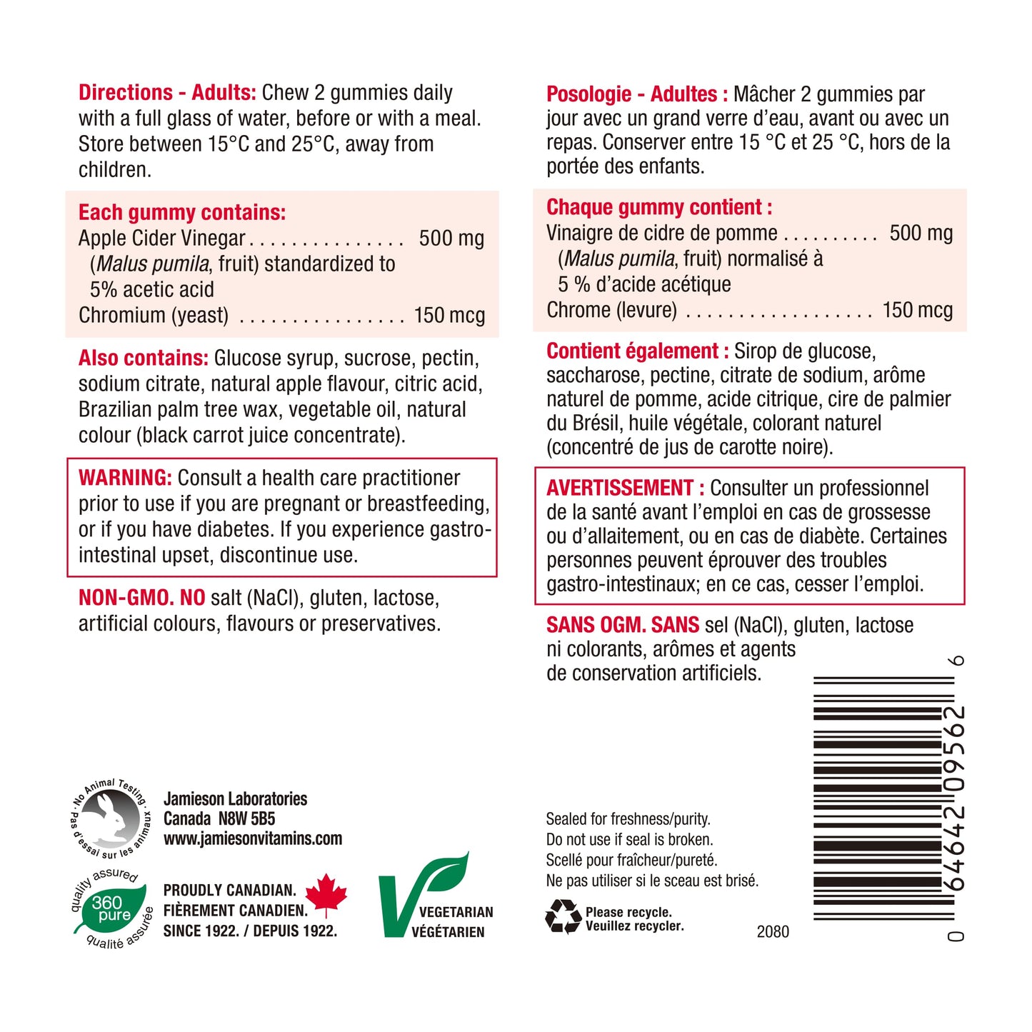 Jamieson Apple Cider Vinegar Gummy with Chromium, 60 Red Apple Flavoured Gummies. Helps Maintain Normal Blood Glucose Levels and Supports Metabolism. Vegetarian, No Artificial Colours or Flavours - Available at All In One Marketplace Canada
