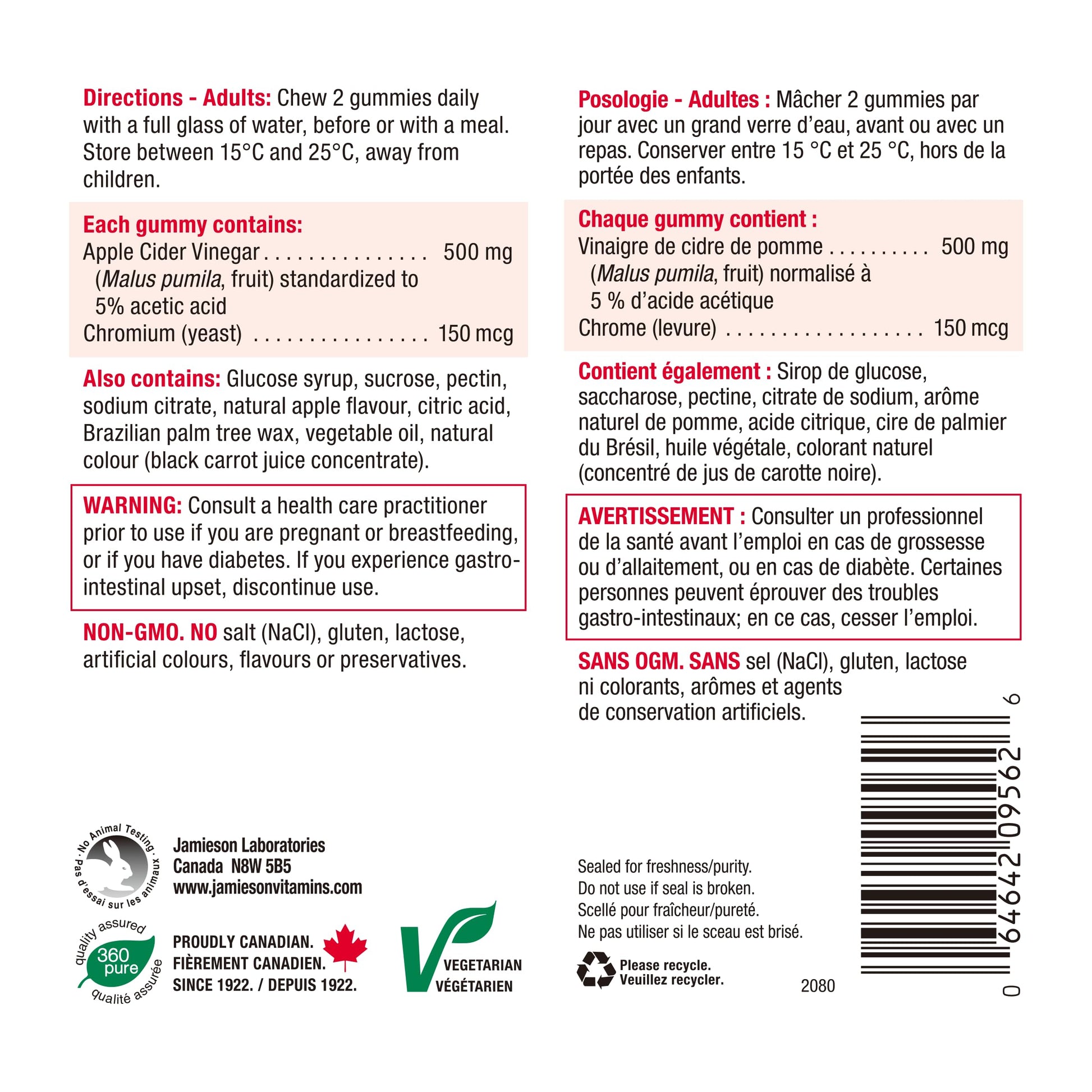Jamieson Apple Cider Vinegar Gummy with Chromium, 60 Red Apple Flavoured Gummies. Helps Maintain Normal Blood Glucose Levels and Supports Metabolism. Vegetarian, No Artificial Colours or Flavours - Available at All In One Marketplace Canada