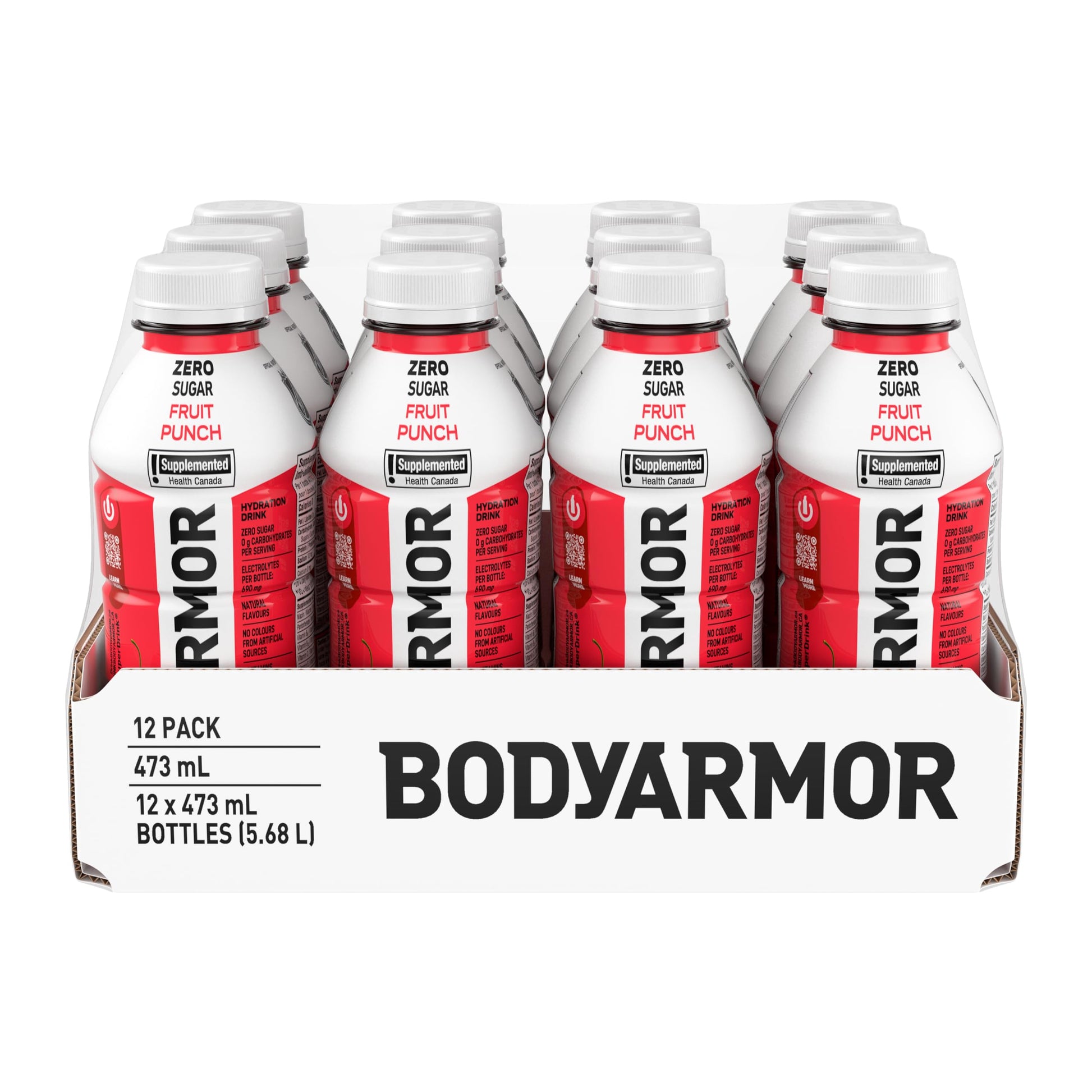 BODYARMOR Zero Sugar Fruit Punch, 473 mL Bottles (12 Pack) – Low-Calorie Sports Hydration Drink with Coconut Water, Potassium-Packed Electrolytes and Antioxidant Vitamins Body Armor