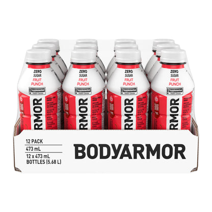 BODYARMOR Zero Sugar Fruit Punch, 473 mL Bottles (12 Pack) – Low-Calorie Sports Hydration Drink with Coconut Water, Potassium-Packed Electrolytes and Antioxidant Vitamins Body Armor