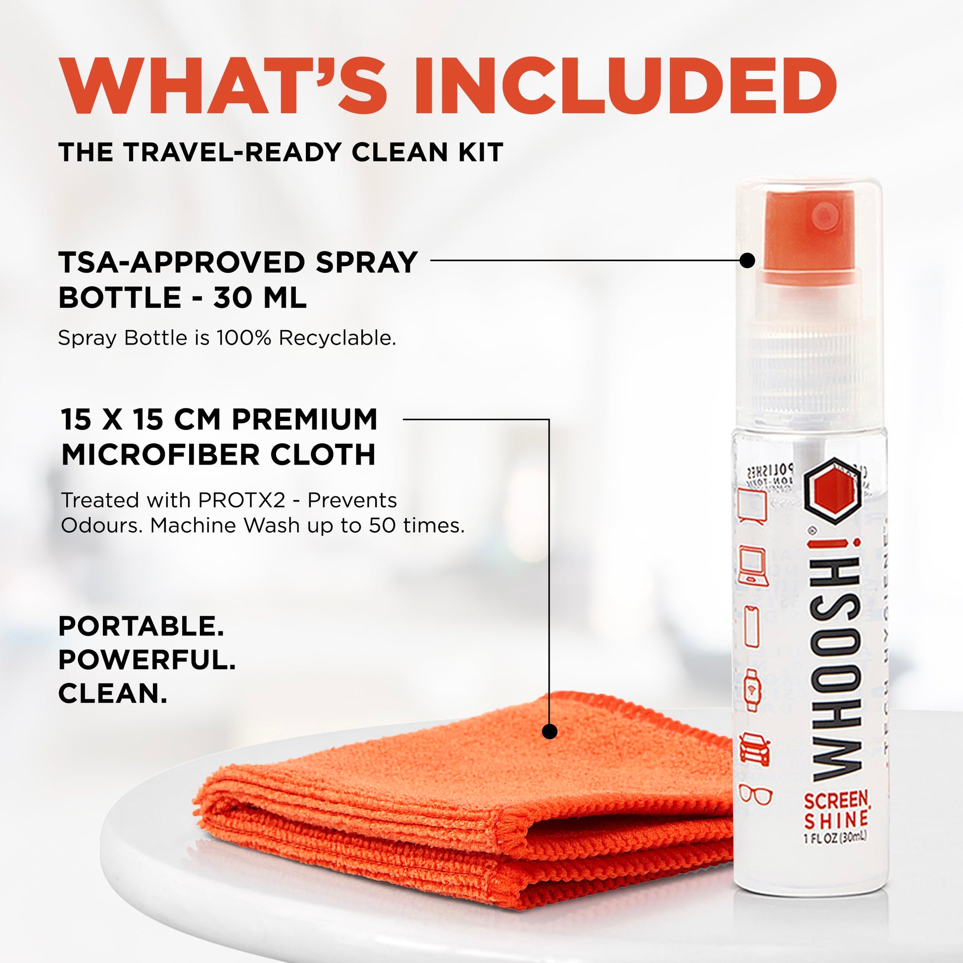 WHOOSH! Screen Shine Go 30 ml – Refillable Laptop Cleaner, Safe Streak-Free Glasses Cleaning Spray for TV, OLED, MacBook, Monitor or Car, Includes 15x15 cm PROTX2 Microfiber Cloth - Available at All In One Marketplace Canada