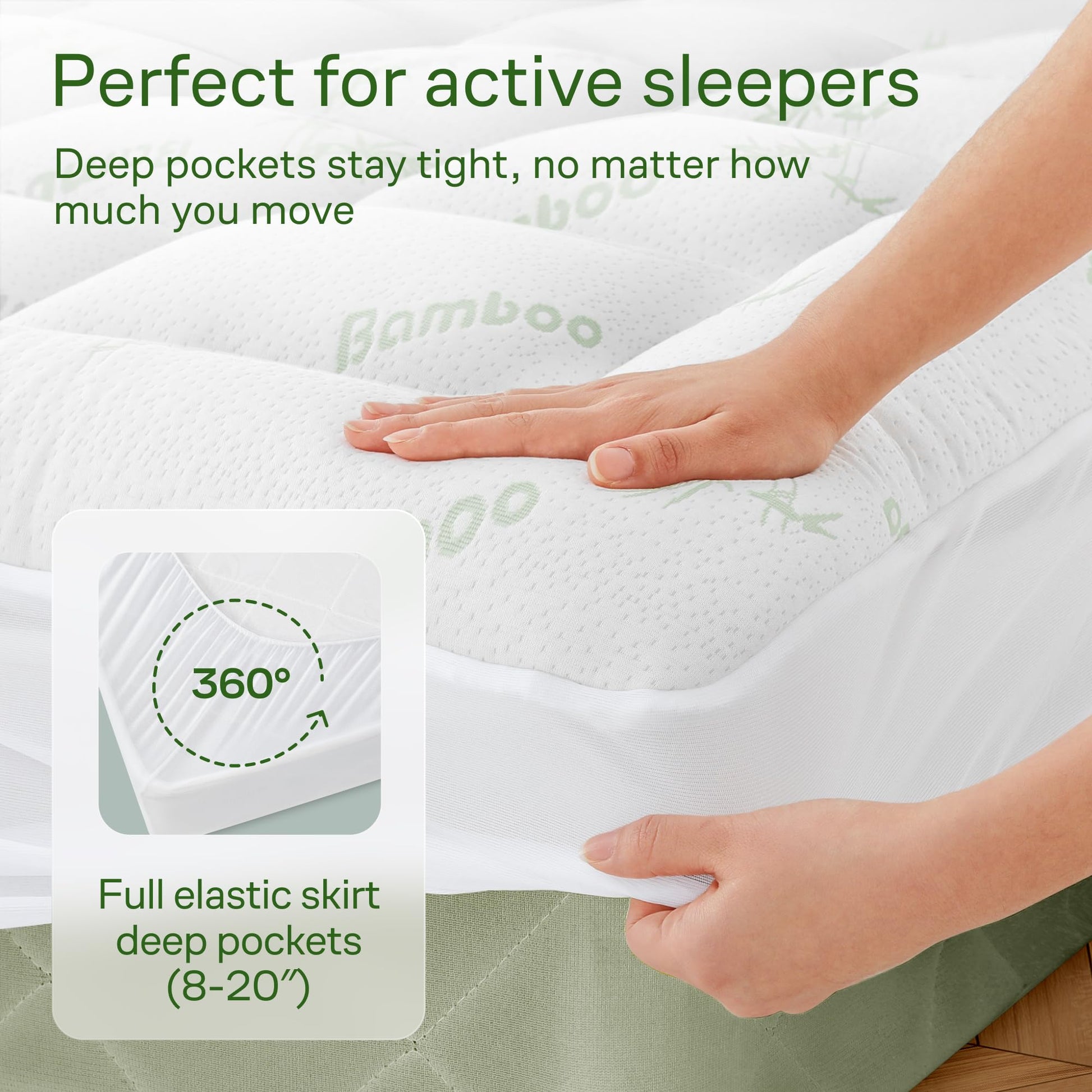 Bamboo Mattress Topper Double/Full Size - Thick Cooling Breathable Pillow Top Mattress Pad for Back Pain Relief - Deep Pocket Topper Fits 8-20 Inches (54x75 Inches, Green)