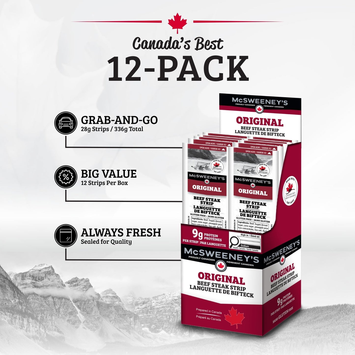 McSweeney's Original Beef Steak Strips - 12 Pack, 28g Each | Canadian-Made, Naturally Smoked, High Protein