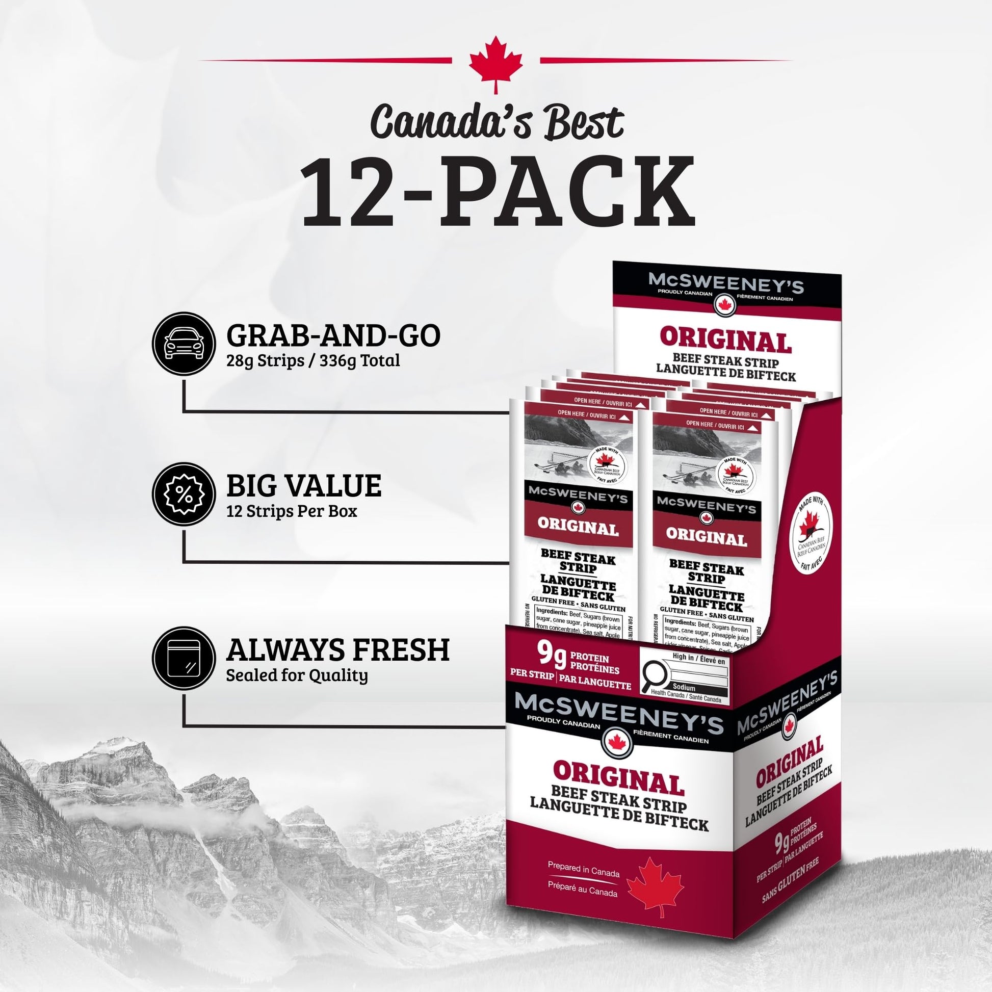 McSweeney's Original Beef Steak Strips - 12 Pack, 28g Each | Canadian-Made, Naturally Smoked, High Protein