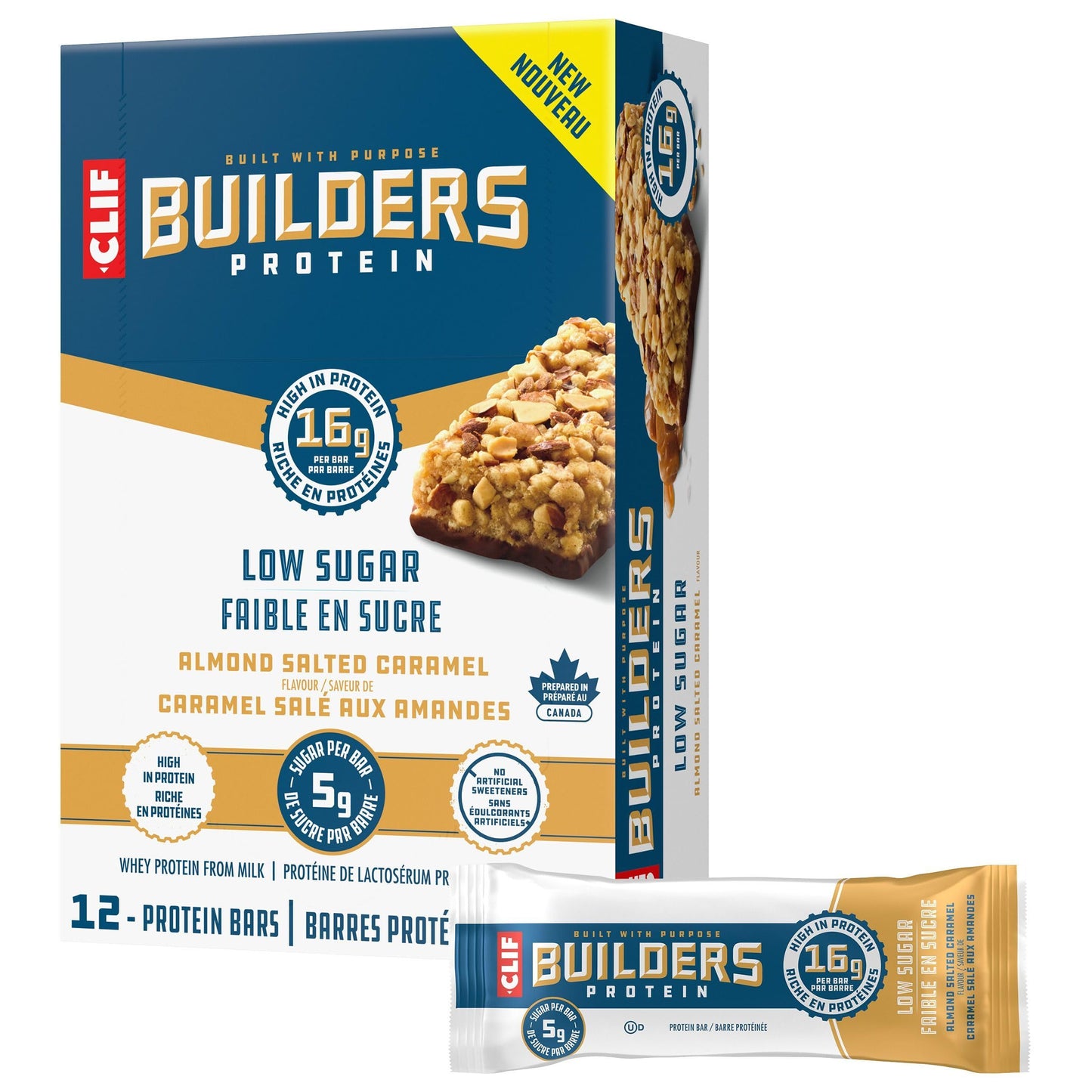 CLIF BUILDERS Low Sugar Protein Bars – Almond Salted Caramel, 12-Pack (56g each)