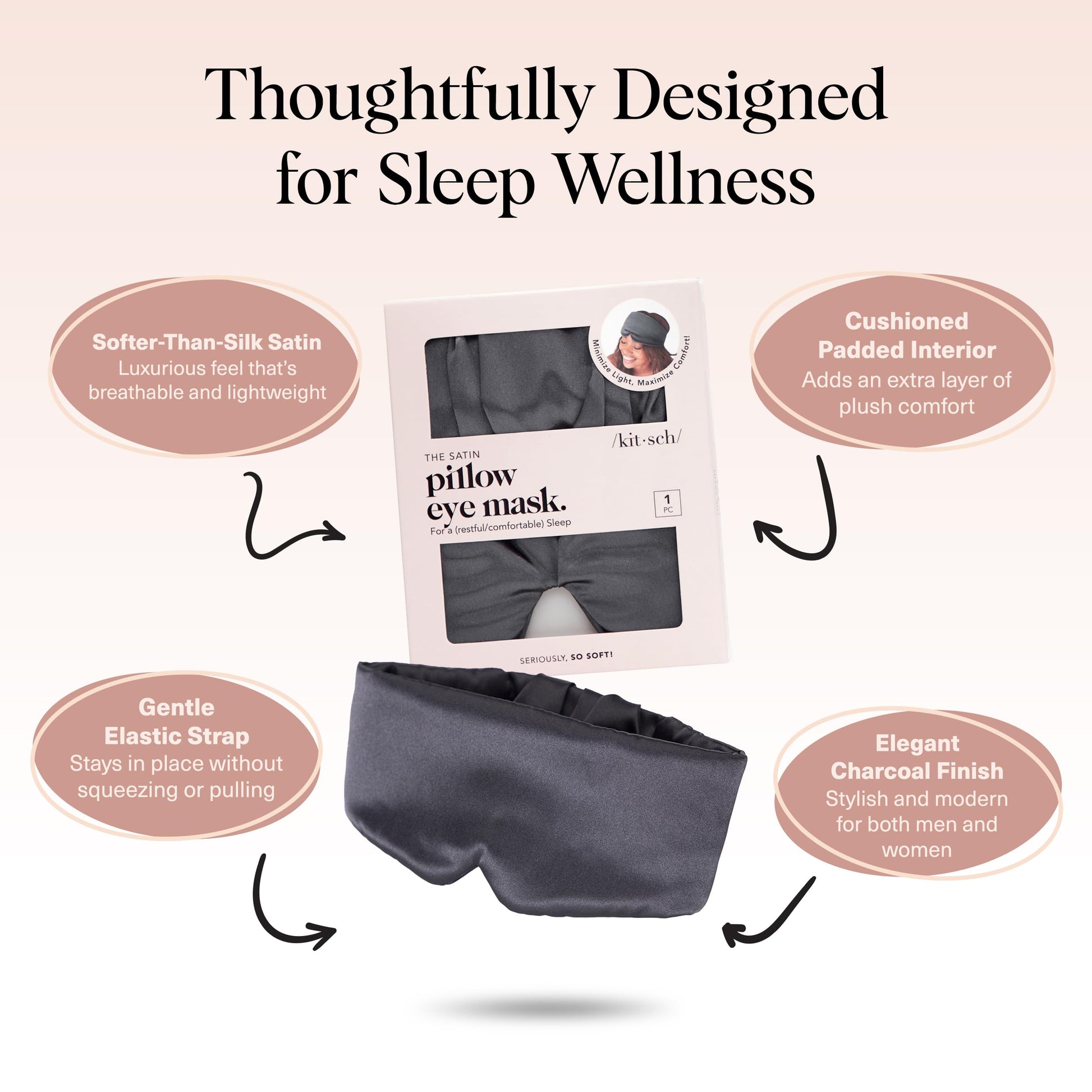 Kitsch Satin Sleep Mask - Eye Masks for Sleep, Softer Than Silk Satin Sleeping Mask Blindfold and Sleep Masks for Women and Men, Eye Care Travel Essentials - Charcoal Black - Available at All In One Marketplace Canada