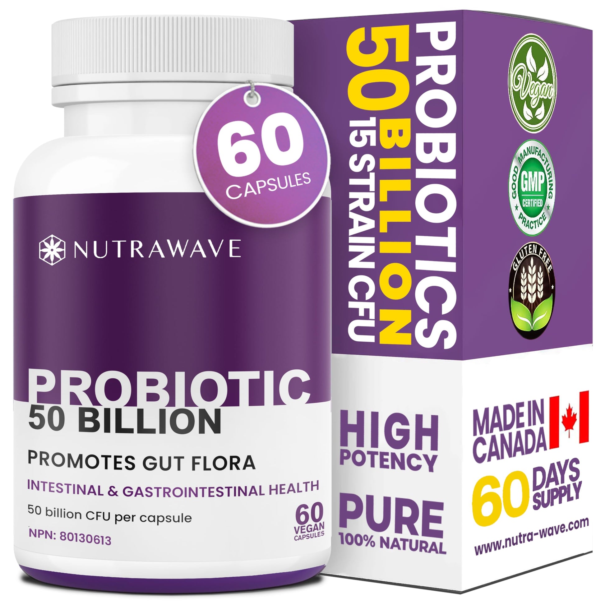 Nutrawave 50 BILLION Probiotics Women & Men, 15 Strains Active Culture. Relieves Bloating and Constipation, Improved Digestion and Gut Health Supplement, Non-GMO, Vegan, Gluten Free. 60 Vegan Capsules/ 60 Day Supply - Available at All In One Marketplace Canada