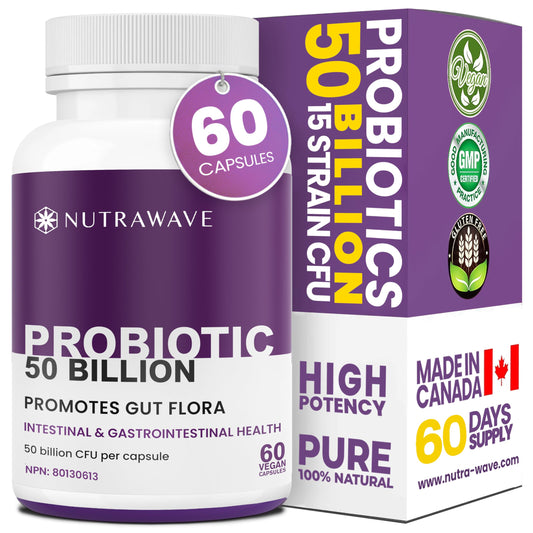 Nutrawave 50 BILLION Probiotics Women & Men, 15 Strains Active Culture. Relieves Bloating and Constipation, Improved Digestion and Gut Health Supplement, Non-GMO, Vegan, Gluten Free. 60 Vegan Capsules/ 60 Day Supply - Available at All In One Marketplace Canada