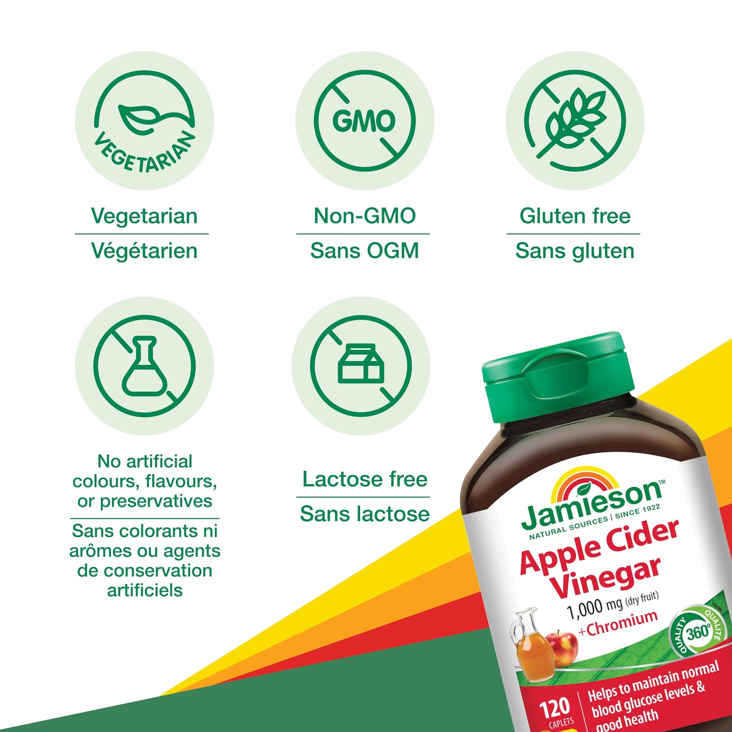 Jamieson Apple Cider Vinegar with Chromium Caplets, Helps Maintain Normal Blood Glucose Levels and Supports Metabolism. One Per Day, Vegetarian, Non-GMO, Gluten-Free, 120 Count - Available at All In One Marketplace Canada