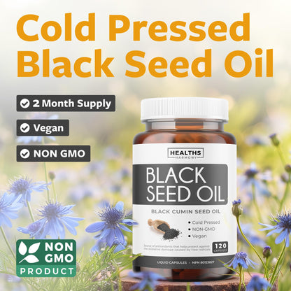Black Seed Oil Capsules | Cold Pressed | Antioxidant, Blood Sugar & Liver Support | Pure Black Cumin Seed Oil | High in Omega 3 6 9 | Non-GMO & Vegan Black Cumin Oil | 120 Nigella Sativa Softgels - Available at All In One Marketplace Canada