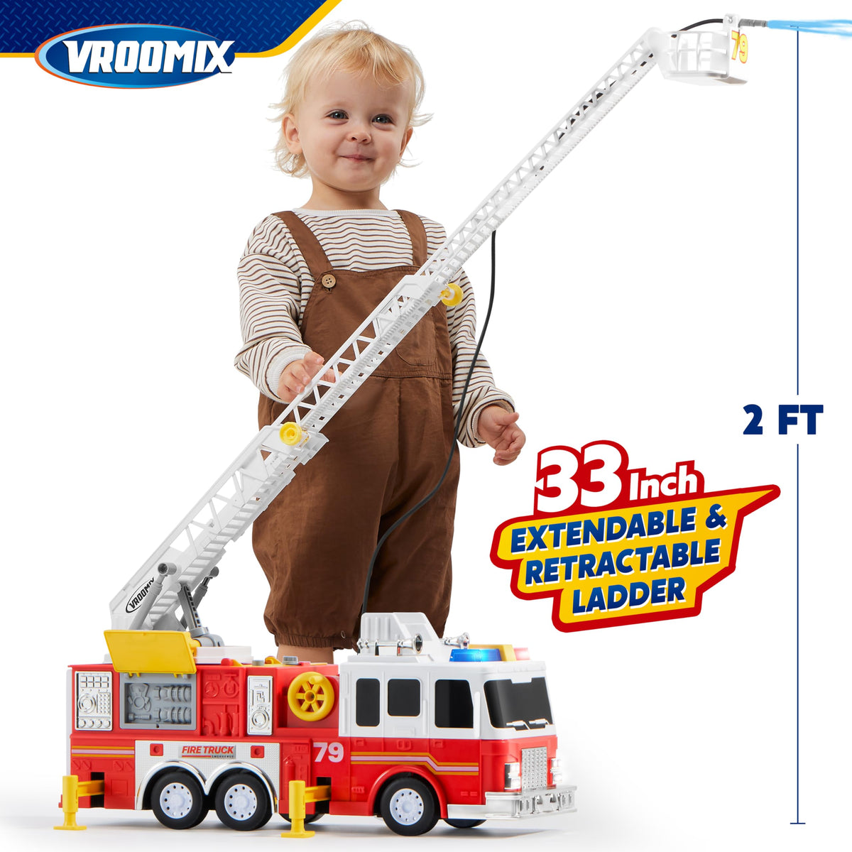 Extra Large Toddler Fire Truck Toys for Boys with 33-inch Ladder, Realistic Sirens, Lights & Sprinkler Pump, Big Firetruck Emergency Vehicle, Kids Toys for Age 2, 3, 4, 5, 6 Christmas Birthday Gifts 🍁 All In One Marketplace Canada