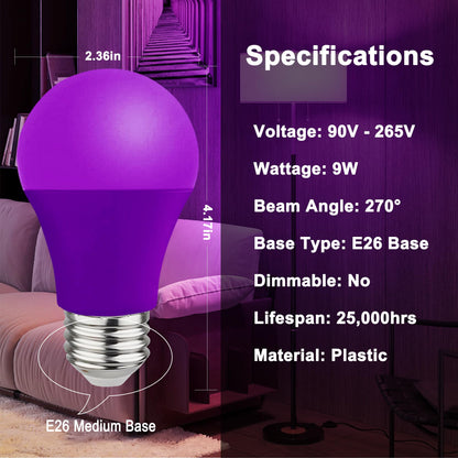 U4GLORY Purple LED Light Bulbs - 9W(60W Equivalent) Soft Violet Glow, A19 Bulb with E26 Base, Non-Dimmable Purple Light Bulb for Indoor/Outdoor Use, Halloween, Christmas, Porch, Parties(4-Pack) 🍁 All In One Marketplace Canada