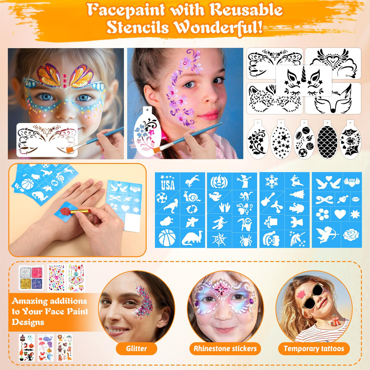 Face Painting Kit for Kid Adult, 12x10gm Split Cake FacePaint Palette WaterBased Paint With Stencil Brush Glitter Crayon, Professional Face Body Paint Set for Party Birthday Halloween Christmas Makeup 🍁 All In One Marketplace Canada
