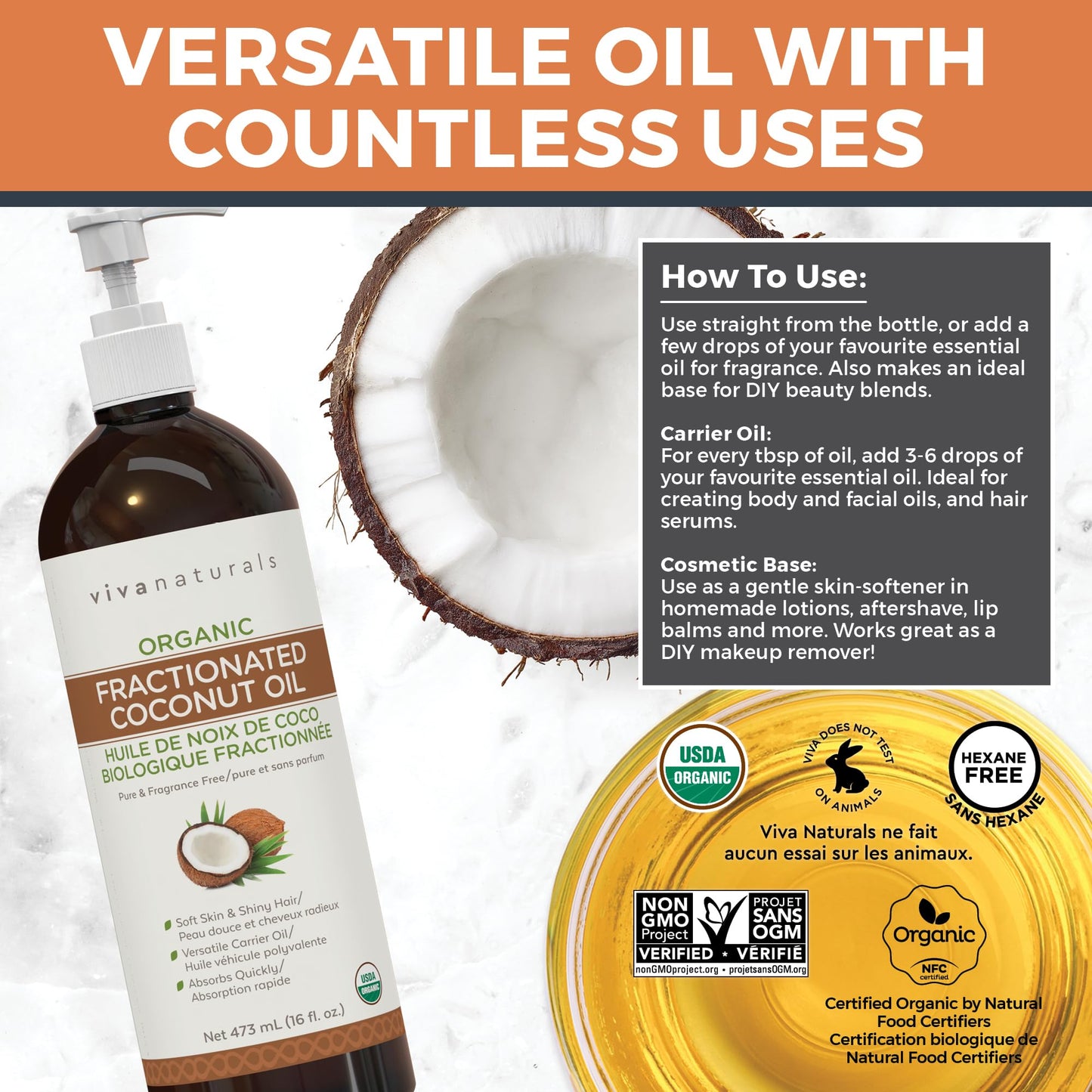 Viva Naturals Organic Fractionated Coconut Oil – Pure Massage Oils for Massage Therapy, Coconut Oil for Skin & Hair, Lightweight Carrier Oil for Essential Oils, 16 fl oz - Available at All In One Marketplace Canada