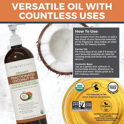 Viva Naturals Organic Fractionated Coconut Oil – Pure Massage Oils for Massage Therapy, Coconut Oil for Skin & Hair, Lightweight Carrier Oil for Essential Oils, 16 fl oz - Available at All In One Marketplace Canada