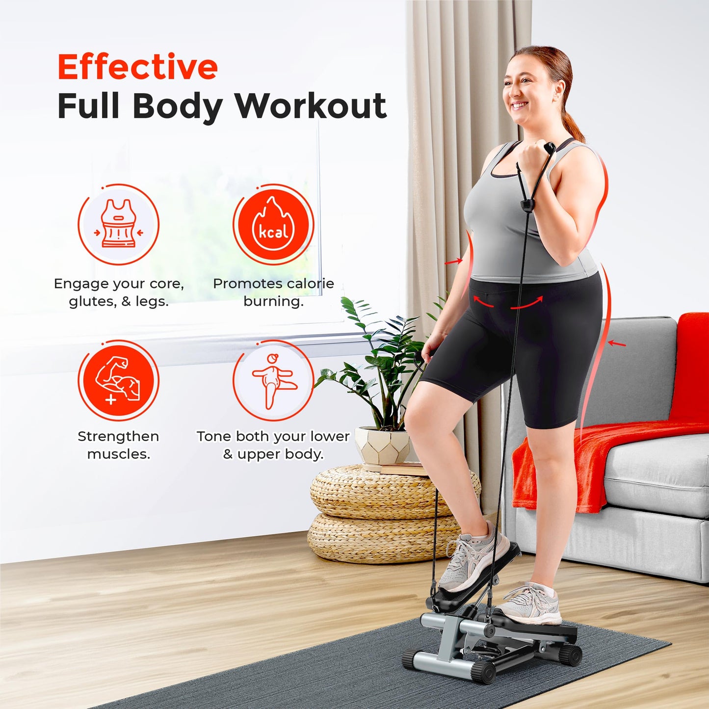 Sunny Health & Fitness Mini Stepper for Exercise, Low-Impact Stair Step Cardio Equipment with Resistance Bands, Digital Monitor - NO. 012-S