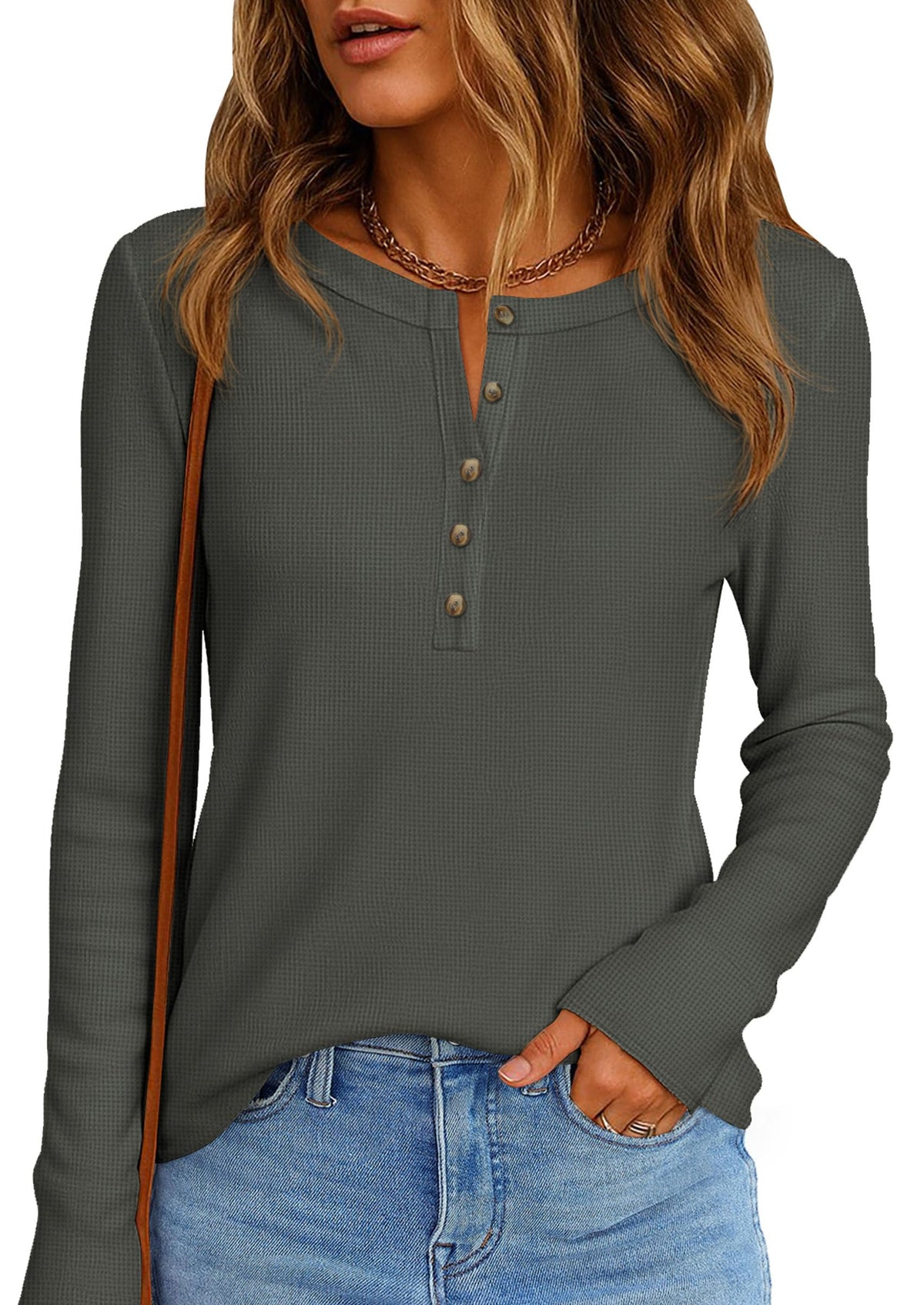 PRETTYGARDEN Women Long Sleeve Waffle Knit Shirt 2026 Spring Casual Button V Neck Loose Henley Tops Basic Tees Winter Clothes(Army Green,Large) 🍁 All In One Marketplace Canada