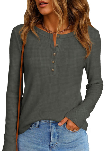 PRETTYGARDEN Women Long Sleeve Waffle Knit Shirt 2026 Spring Casual Button V Neck Loose Henley Tops Basic Tees Winter Clothes(Army Green,Large) 🍁 All In One Marketplace Canada