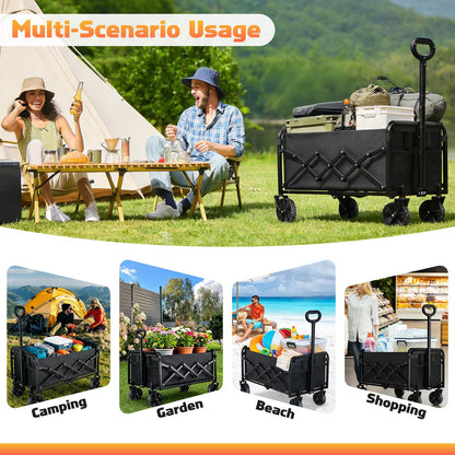 220LBS Collapsible Foldable Wagon Carts - Heavy Duty Portable Folding Utility Wagons with All-Terrain Wheels for Grocery Sports Shopping Camping Garden Beach, 2 Drink Holders/Lightweight/Black