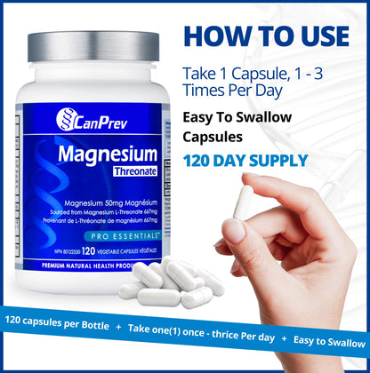 CanPrev Magnesium L-Threonate 50mg, 120 Capsules 120-Day Supply - Optimal Absorption Formula for Improve Sleep, Muscle Function, Maintain Healthy Electrolyte Balance - Vegan, Non-GMO and Gluten-Free - Available at All In One Marketplace Canada